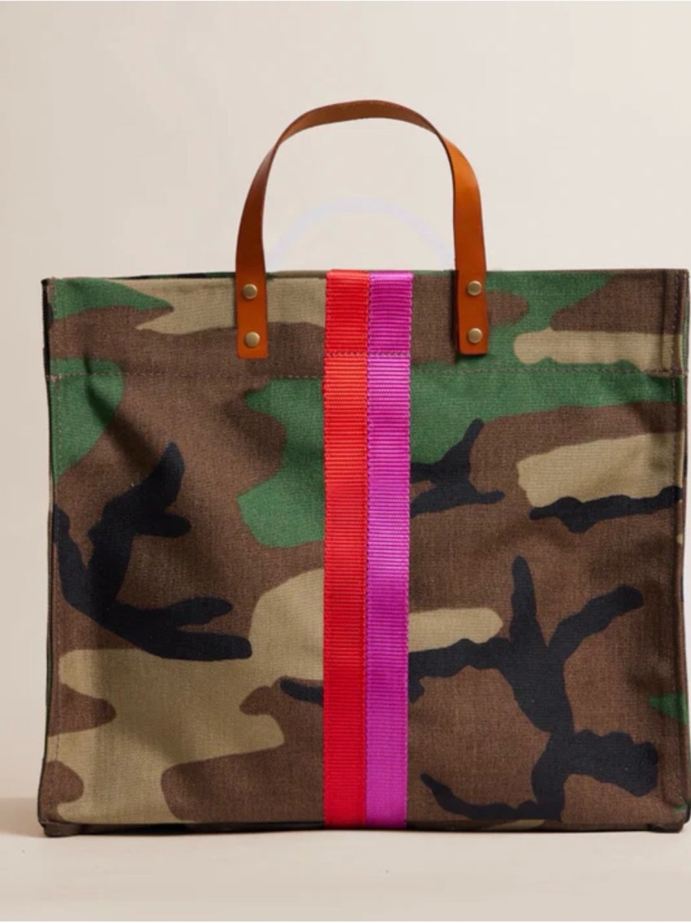 Camouflage Canvas Tote with Pink and Red Center Stripe